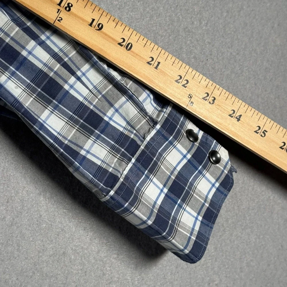Banana Republic Pearl Snap Shirt‎ Mens Large Blue Plaid Flap Pockets Comfort